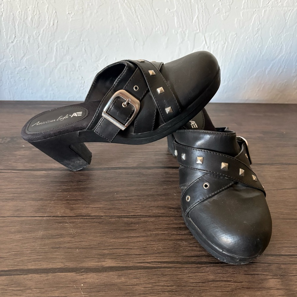 American Eagle Sz 8 Studded Black Heeled Clog Y2K Buckle Rock Moto Retro